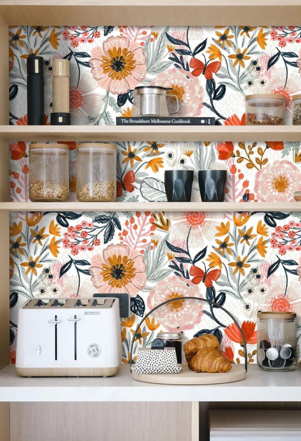 HAOKHOME Boho Peel and Stick Wallpaper Floral Wall Paper Removable for Bedroom White/Pink/Orange Contact Paper 17.3in x 9.8ft - Image 5