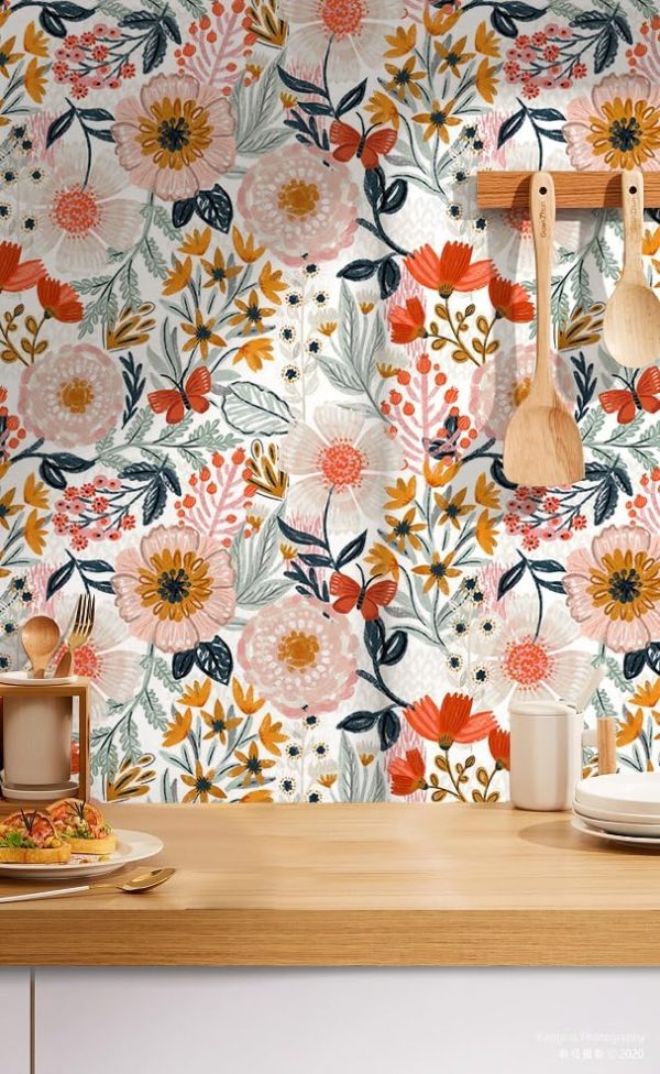 HAOKHOME Boho Peel and Stick Wallpaper Floral Wall Paper Removable for Bedroom White/Pink/Orange Contact Paper 17.3in x 9.8ft - Image 6