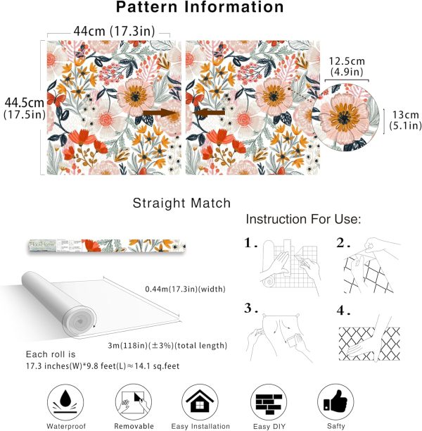 HAOKHOME Boho Peel and Stick Wallpaper Floral Wall Paper Removable for Bedroom White/Pink/Orange Contact Paper 17.3in x 9.8ft - Image 7